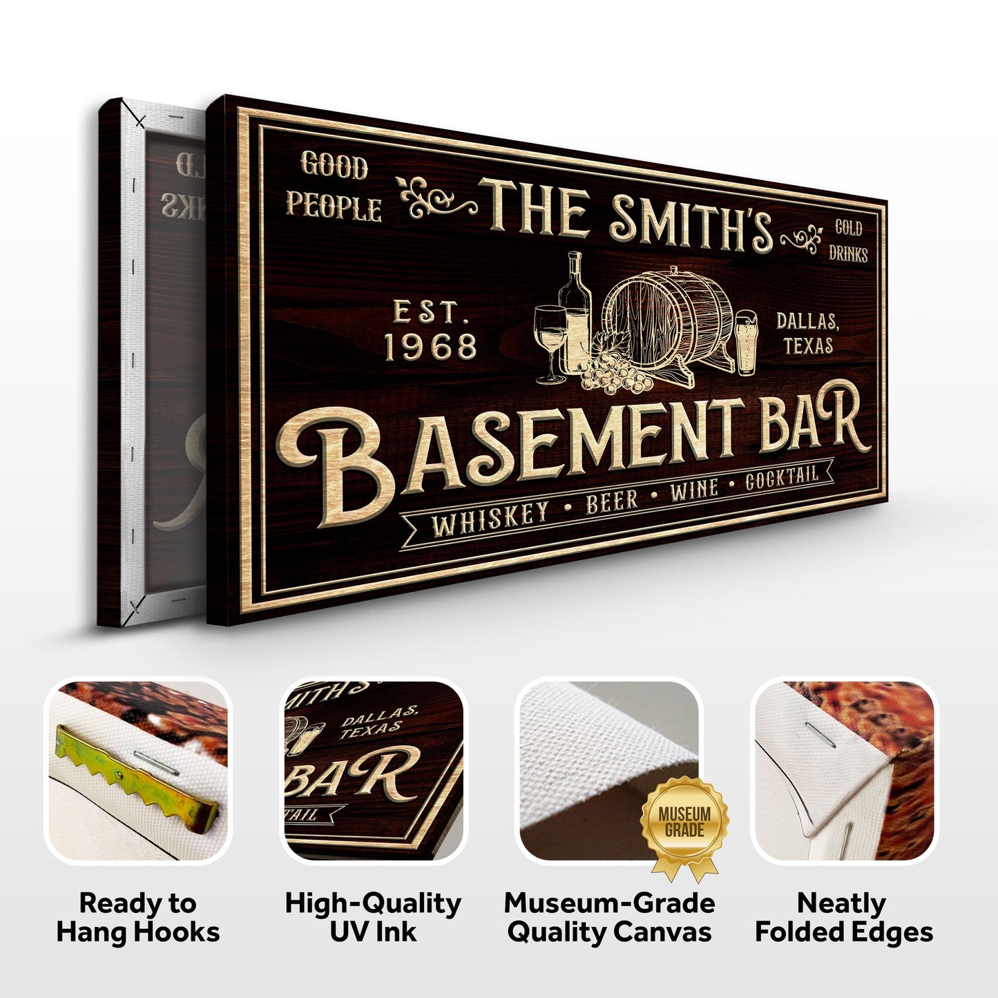 Personalized basement bar sign canvas Tailored Canvases; gold lettering and bar graphic on Tampa Home & Garden Store