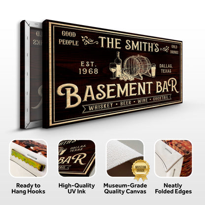 Personalized basement bar sign canvas Tailored Canvases; gold lettering and bar graphic on Tampa Home & Garden Store
