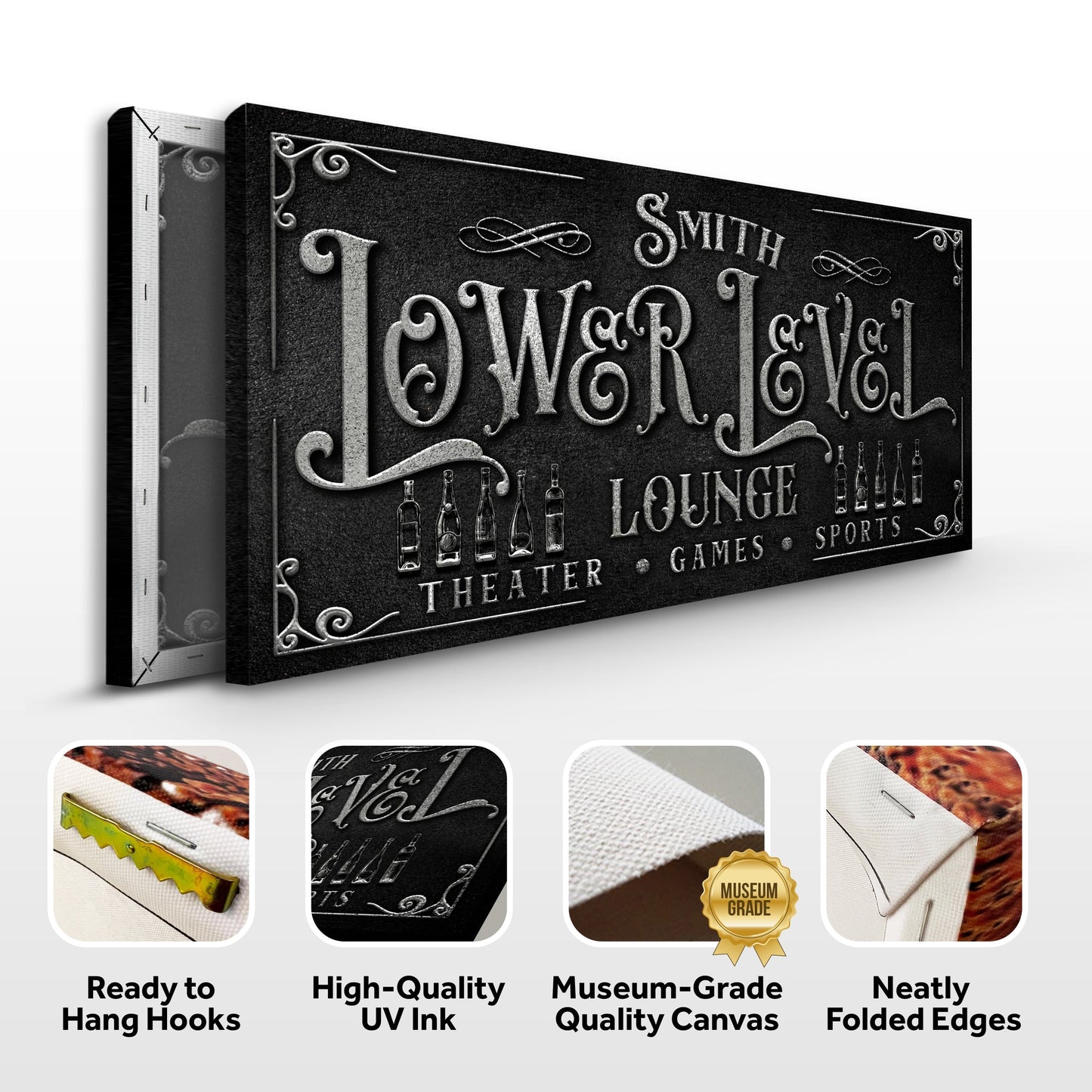Personalized Lower Level Sign canvas Tailored Canvases with black and silver lettering on Tampa Home & Garden Store