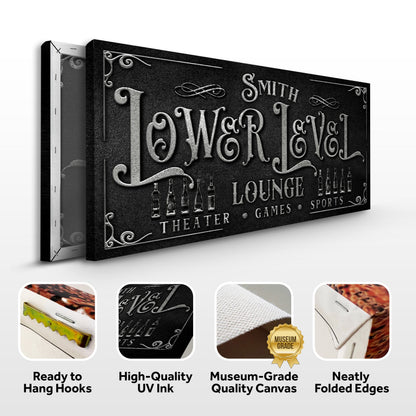 Personalized Lower Level Sign canvas Tailored Canvases with black and silver lettering on Tampa Home & Garden Store
