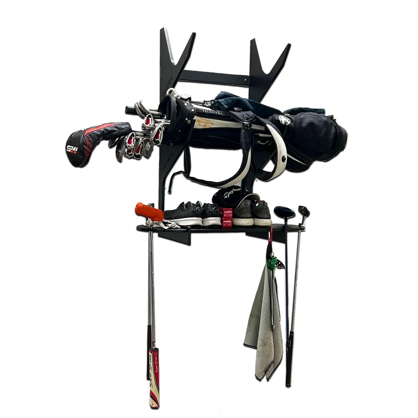 2 Bag Golf Racks w/ Shelf | Golf Bag Wall Mount Golf Storage Racks