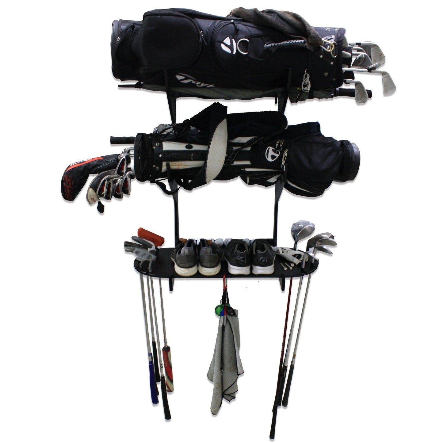 2 Bag Golf Racks w/ Shelf | Golf Bag Wall Mount Golf Storage Racks