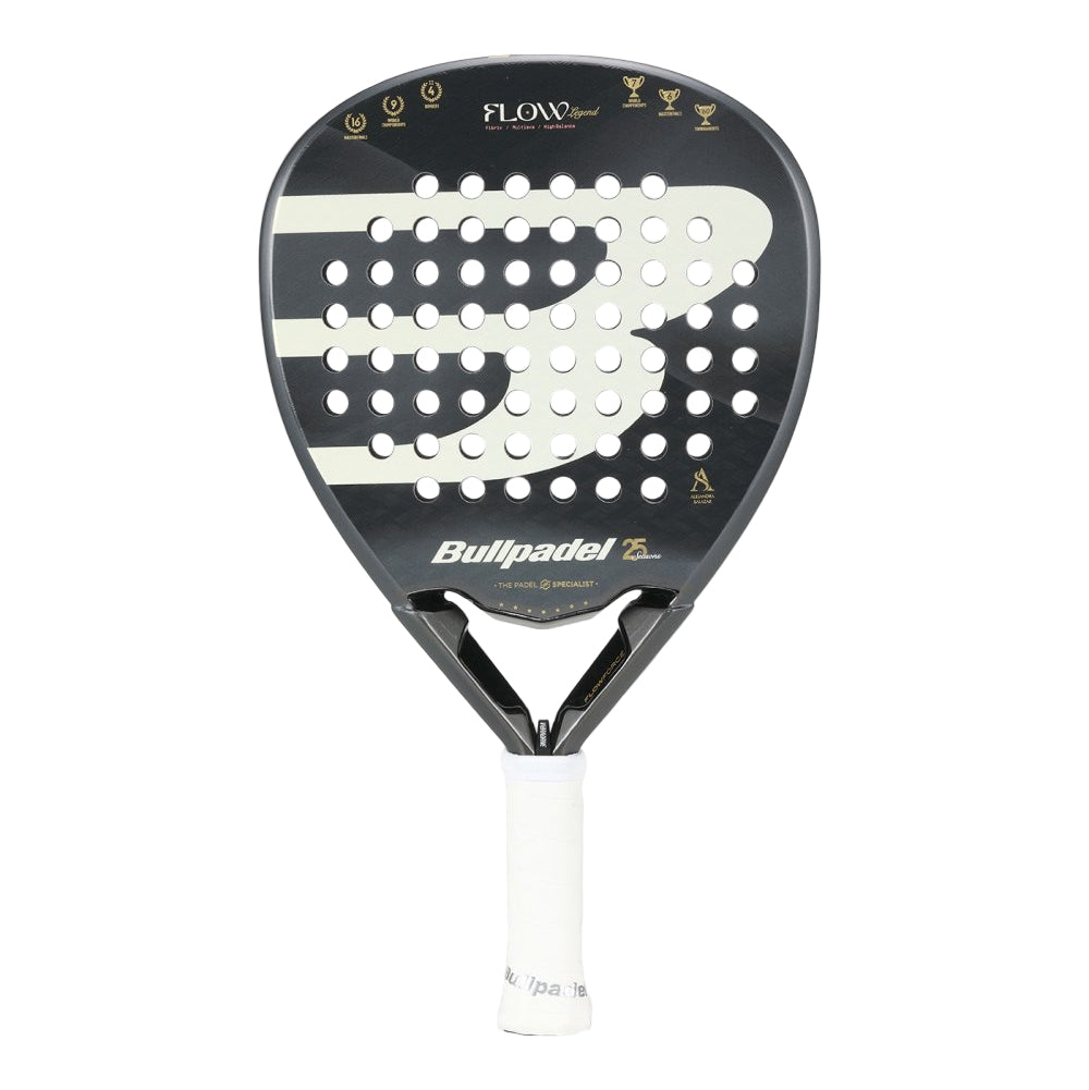 Padel racket Bullpadel Flow Legend 26, black with white perforated face and white grip on Tampa Home & Garden Store