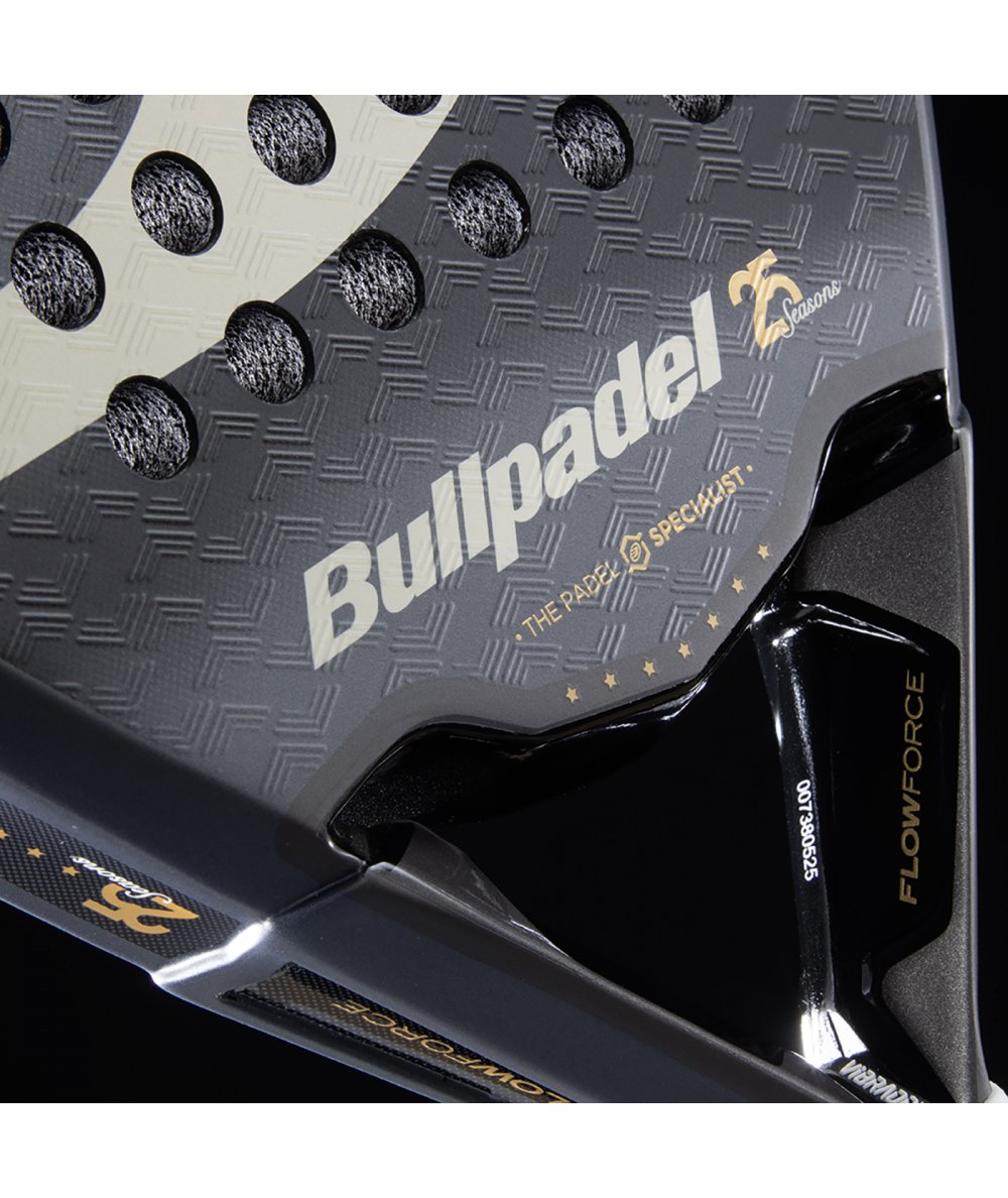 Padel racket Bullpadel Flow Legend 26 in gray/black with gold accents and branding on Tampa Home & Garden Store