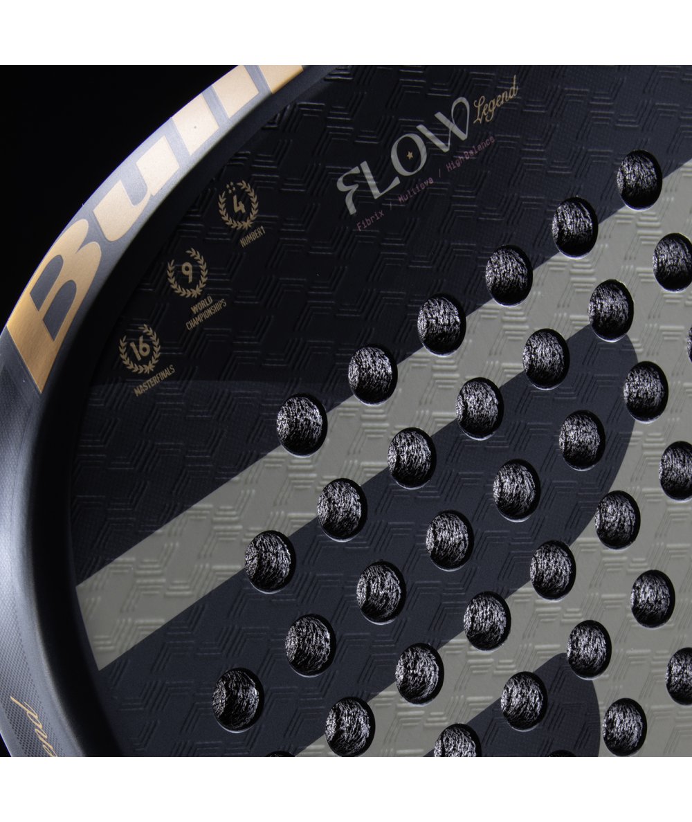 Padel racket Flow Legend 26 by Bullpadel, dark gray with gold accents and perforated face on Tampa Home & Garden Store