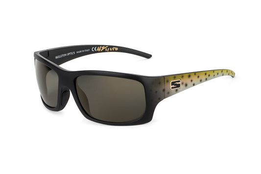 Outlaw Rainbow Trout sunglasses Skeleton Optics, black-framed, trout-patterned temples on Tampa Home & Garden Store