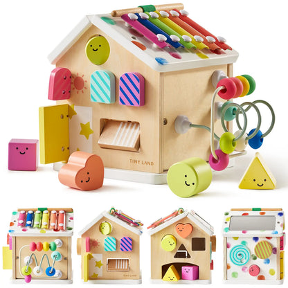 Tiny Land Cottage Activity Cube Rainbow wooden baby activity toy with bead roller and blocks on Tampa Home & Garden Store