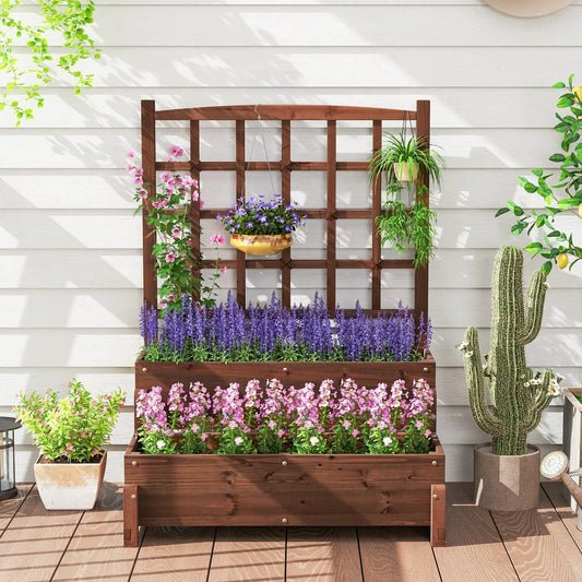 Raised Garden Bed with Trellis 2-tier Wood Planter Box with Drainage Holes-Rustic Brown - Tampa Home & Garden Store