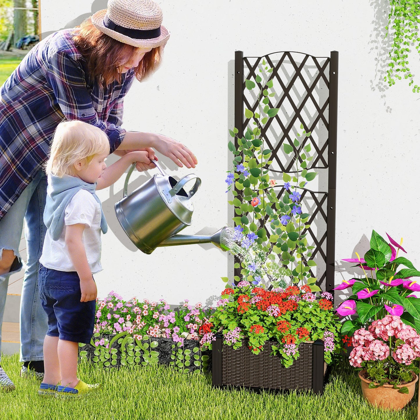 Jardinera elevada con enrejado para plantas trepadoras - Marrón