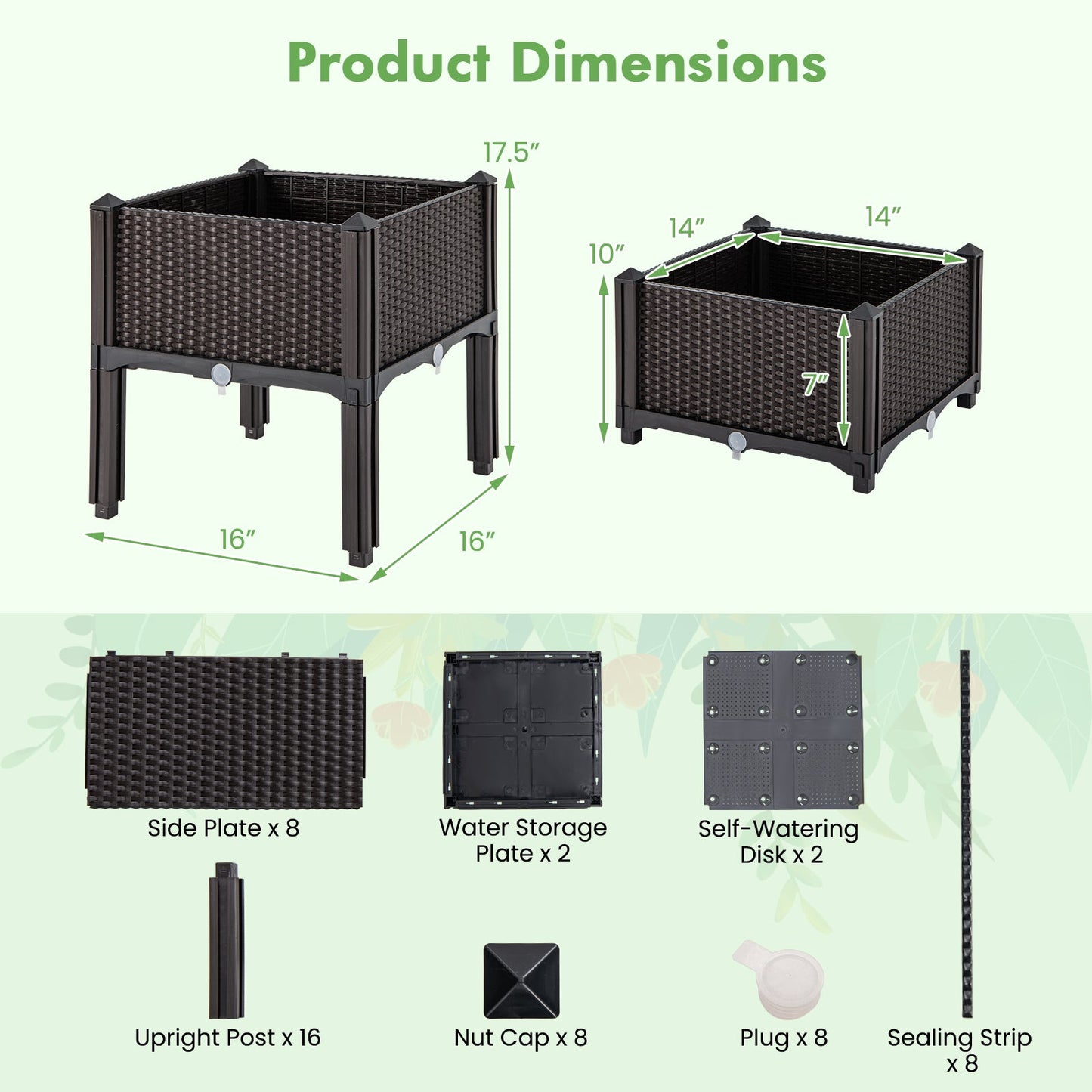 Kit de jardinera elevada de plástico para flores y hortalizas, 2 unidades, color marrón