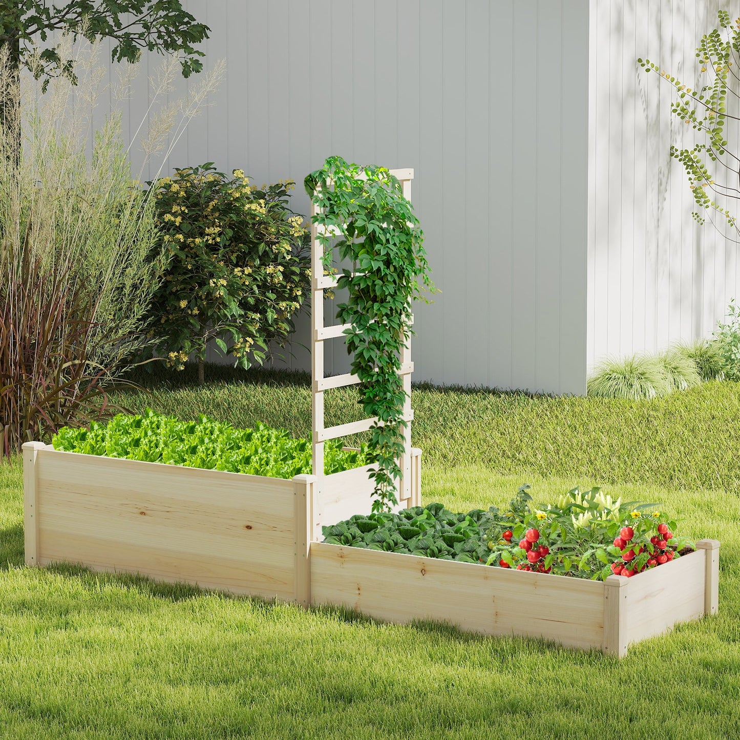 Huerto elevado con celosía de 87 pulgadas, jardinera elevada de madera con 2 cajas de jardineras - Natural