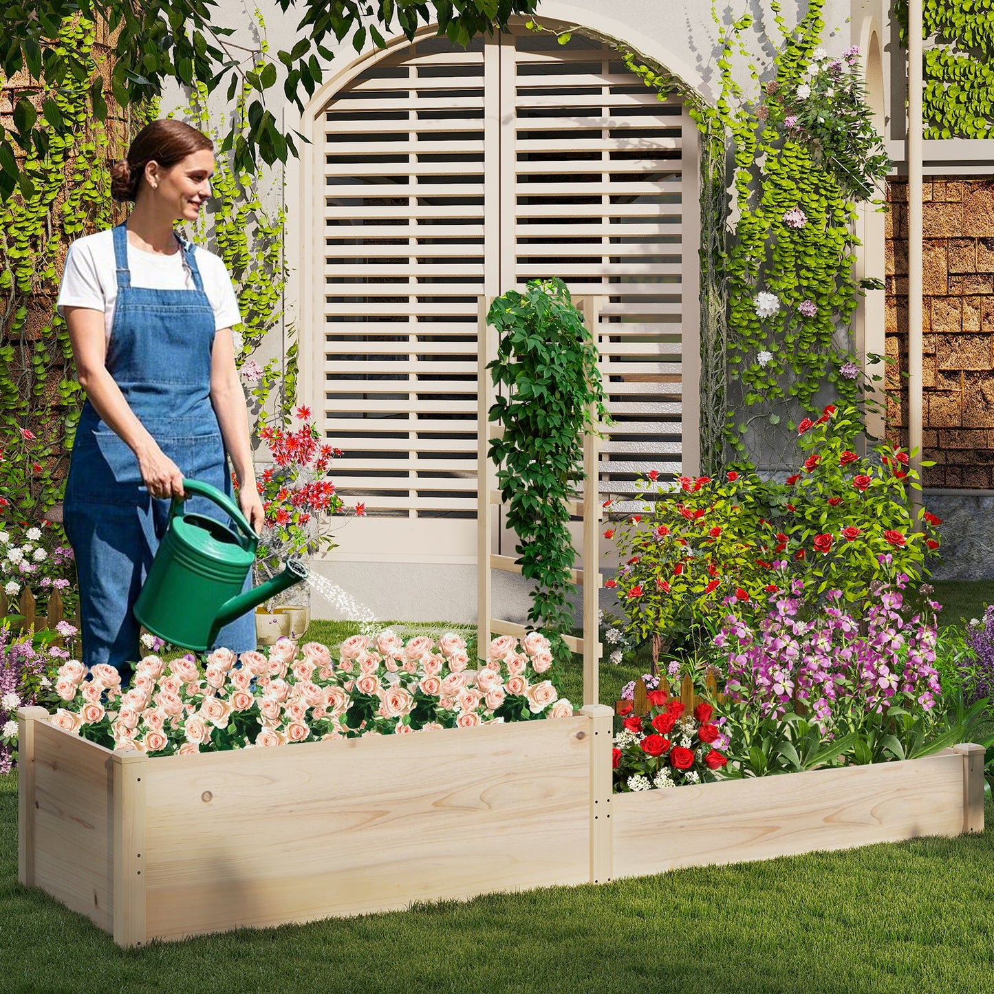 Huerto elevado con celosía de 87 pulgadas, jardinera elevada de madera con 2 cajas de jardineras - Natural