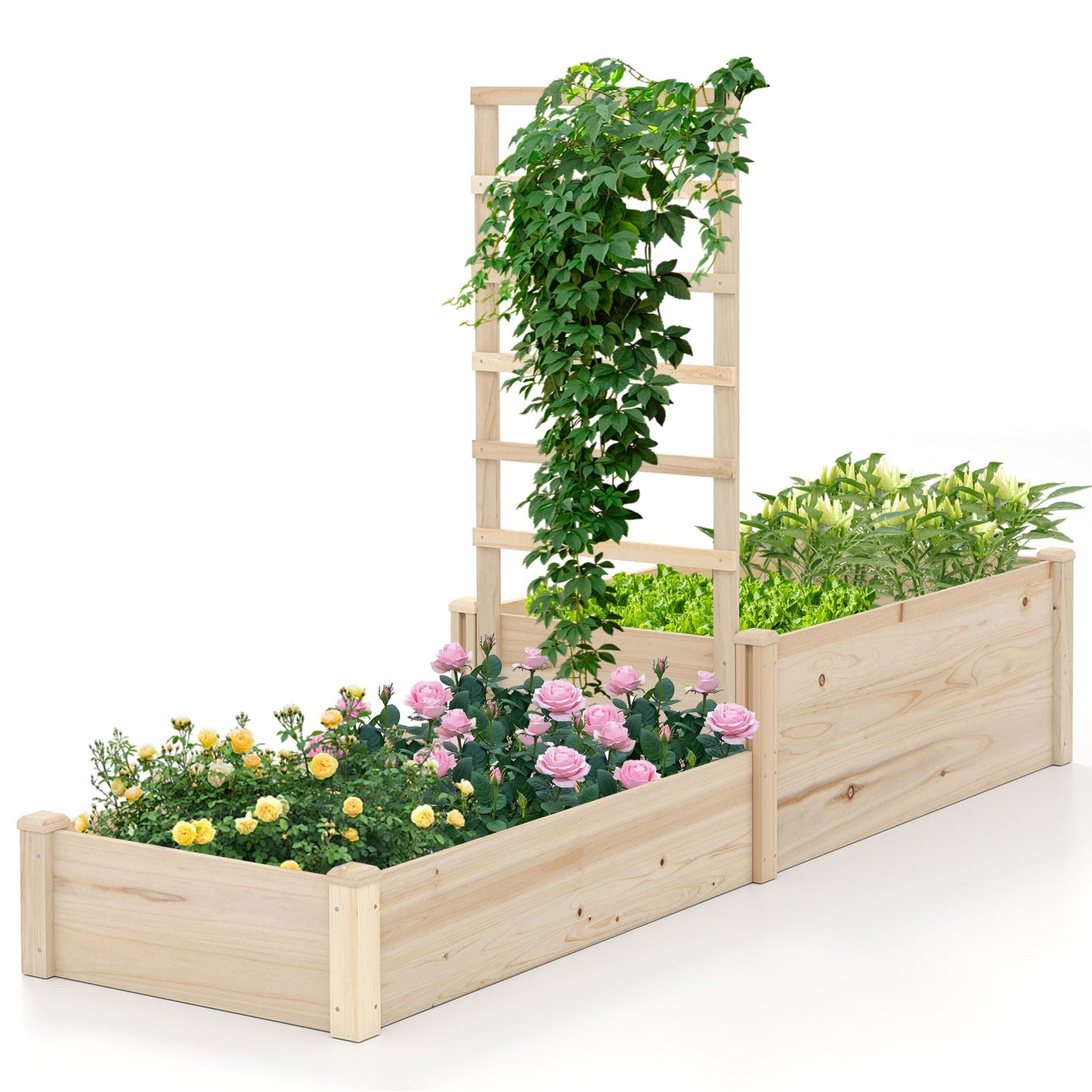 Huerto elevado con celosía de 87 pulgadas, jardinera elevada de madera con 2 cajas de jardineras - Natural
