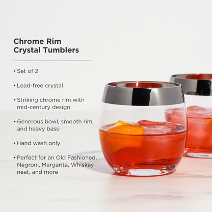 Modern Chrome Rimmed Crystal Tumblers Set of 2