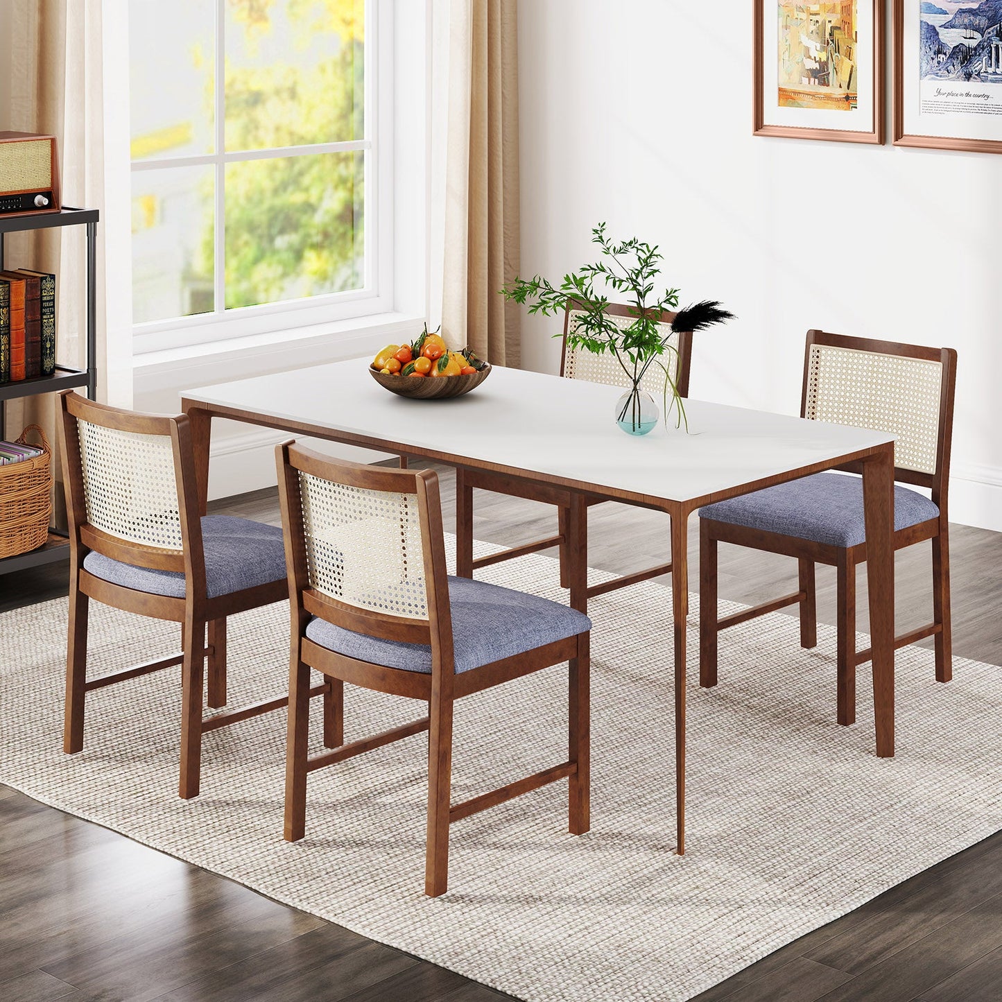 Juego de 2 sillas de comedor de ratán con estructura de madera de caucho y asiento acolchado de tela de lino - Nogal