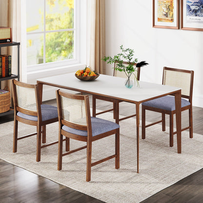 Juego de 2 sillas de comedor de ratán con estructura de madera de caucho y asiento acolchado de tela de lino - Nogal