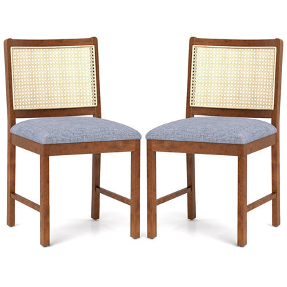 Juego de 2 sillas de comedor de ratán con estructura de madera de caucho y asiento acolchado de tela de lino - Nogal