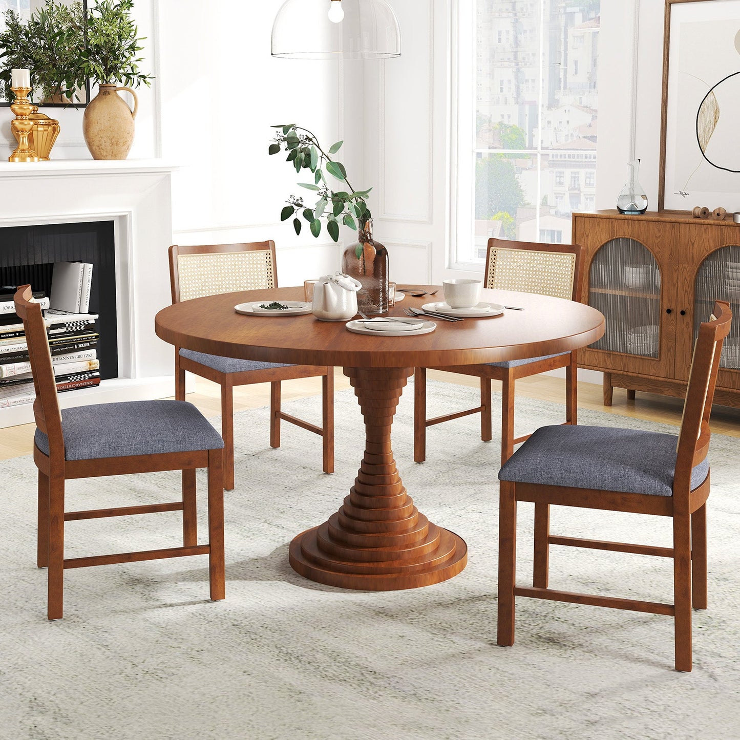 Juego de 2 sillas de comedor de ratán con estructura de madera de caucho y asiento acolchado de tela de lino - Nogal