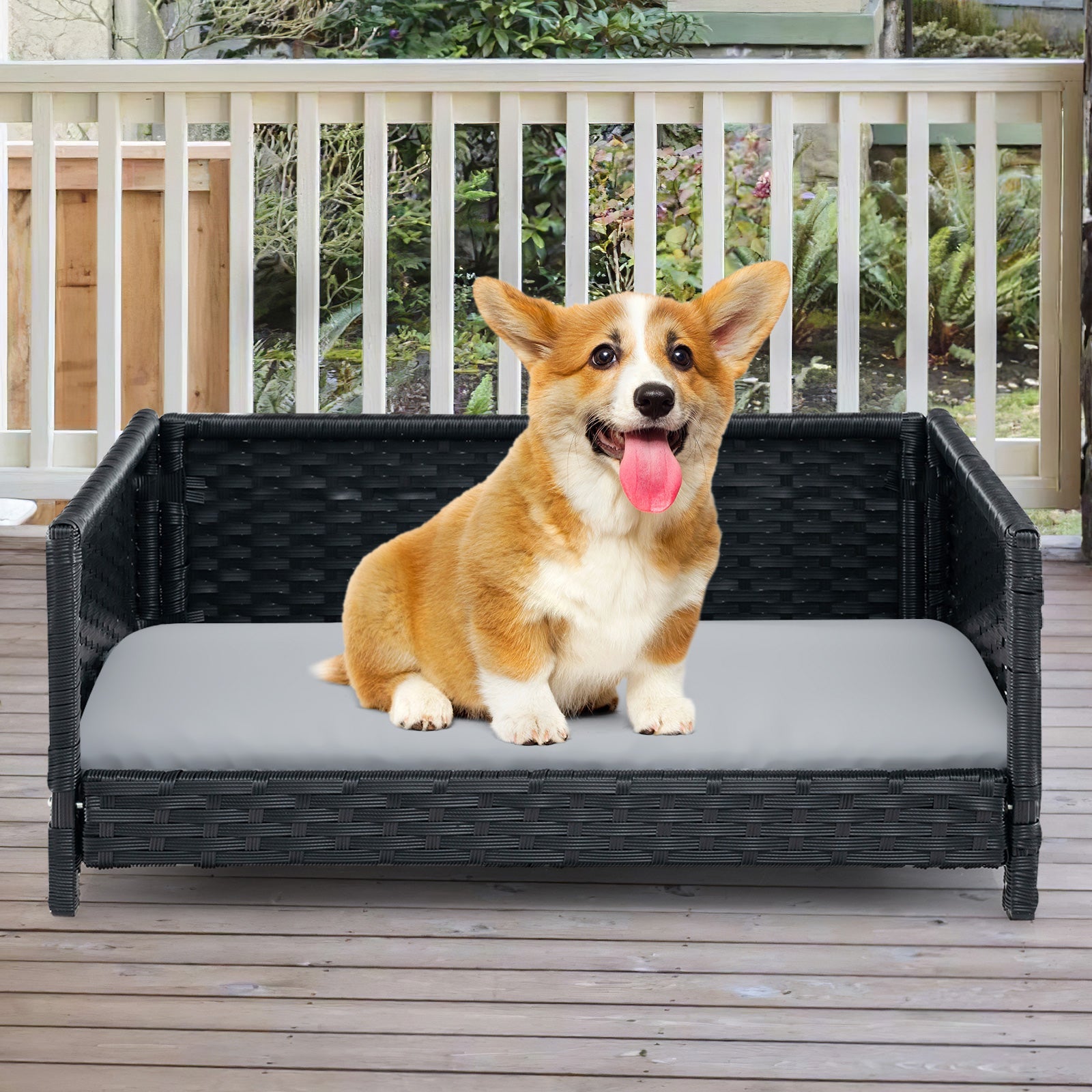 Rattan dog bed with waterproof gray cushion, black wicker frame DirectDeals on Tampa Home & Garden Store