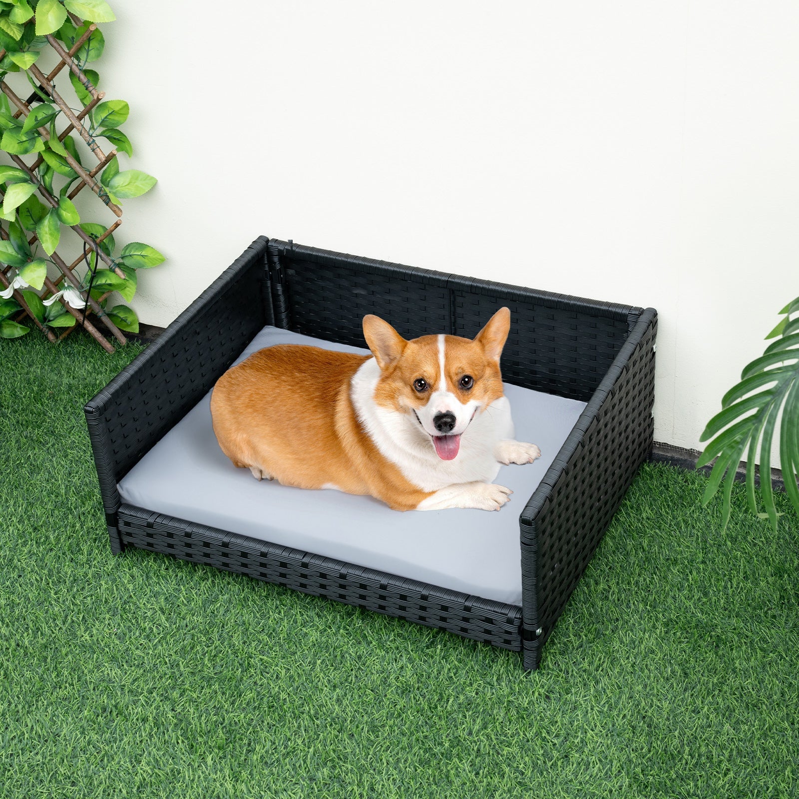 Rattan Dog Bed with Waterproof Cushion DirectDeals pet cot for dogs and cats black wicker on Tampa Home & Garden Store