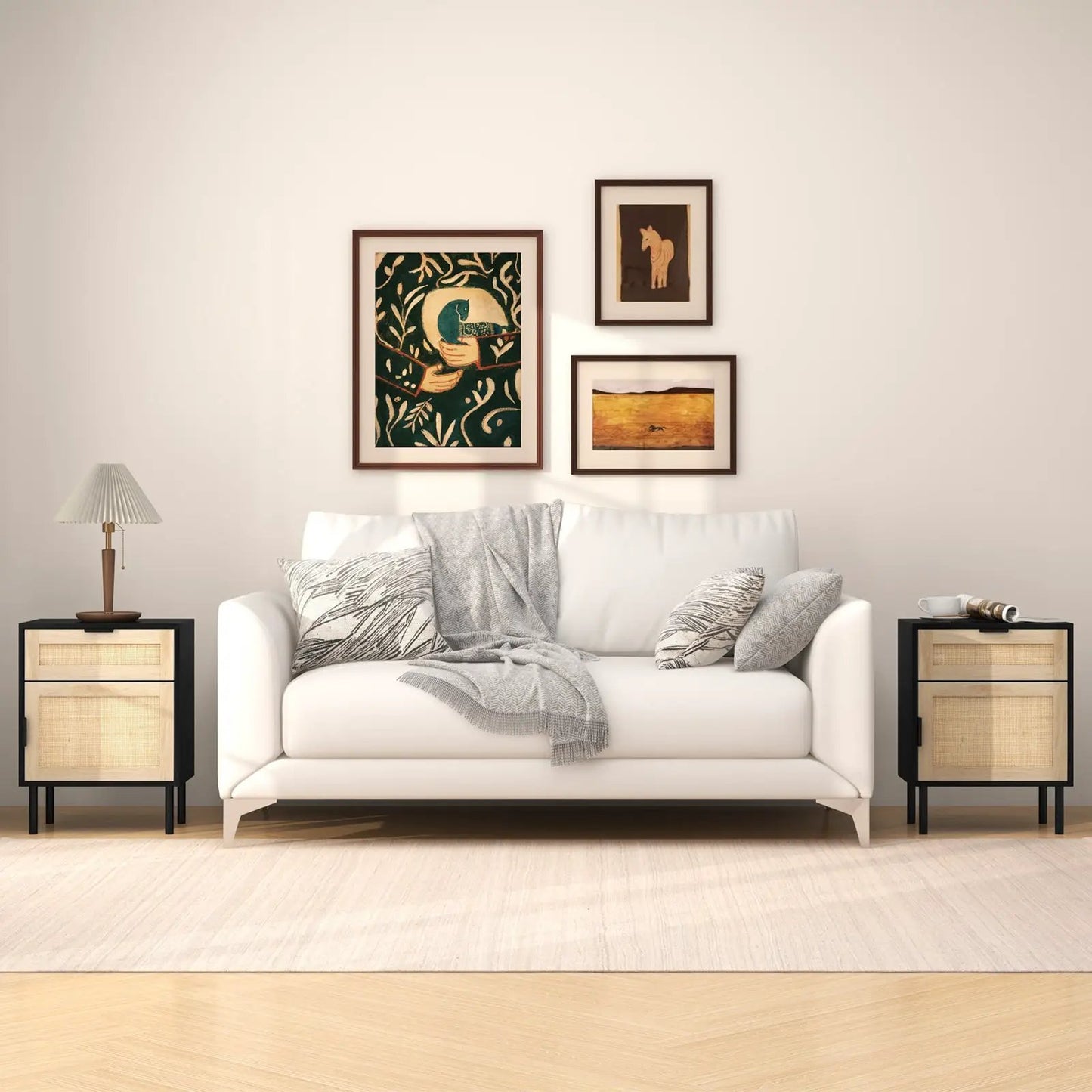 Rattan Nightstand Set of 2 with Drawer and Cabinet, natural finish, black metal frames beside sofa on Tampa Home & Garden Store
