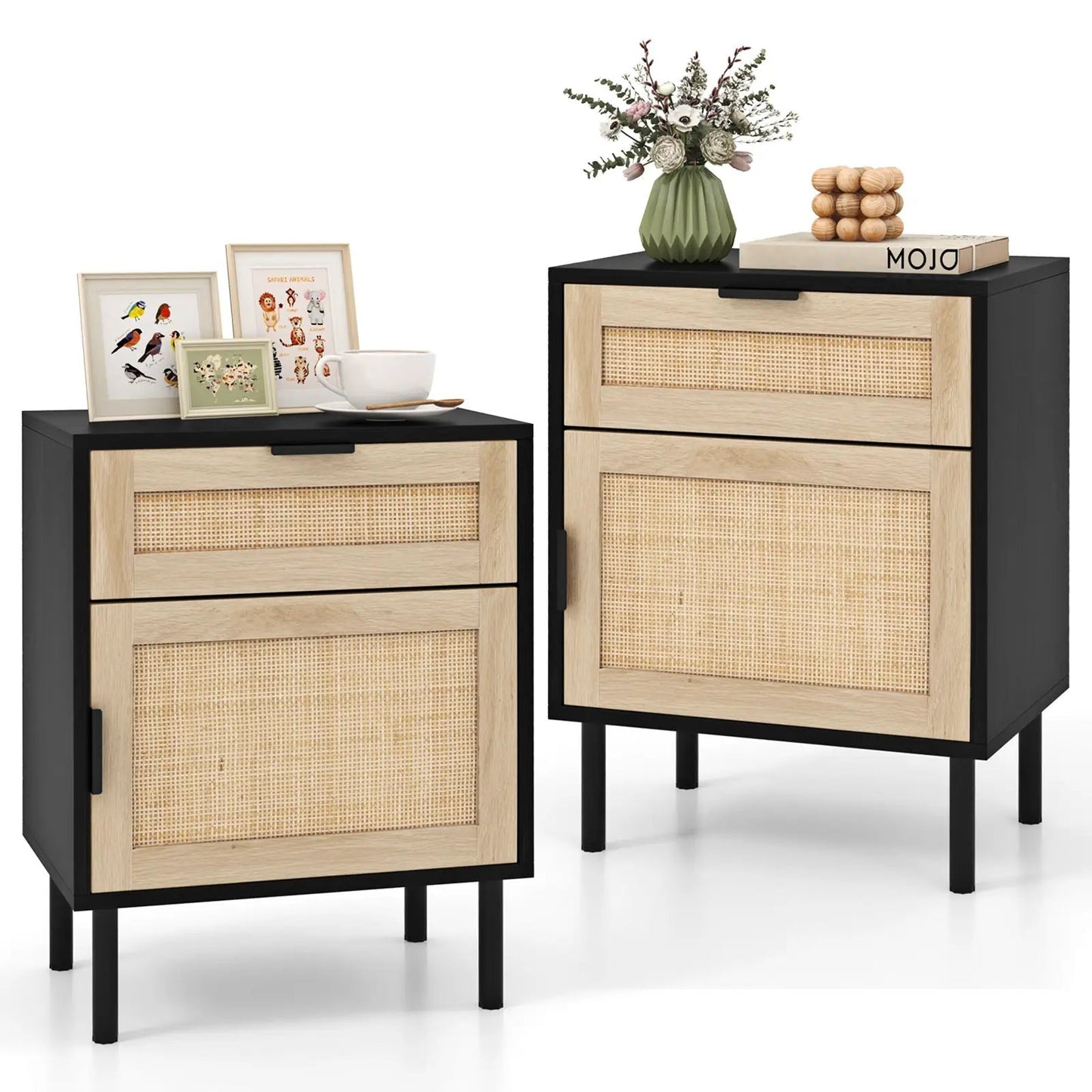 DirectDeals rattan nightstands set of 2 with black frames and natural caned fronts on Tampa Home & Garden Store