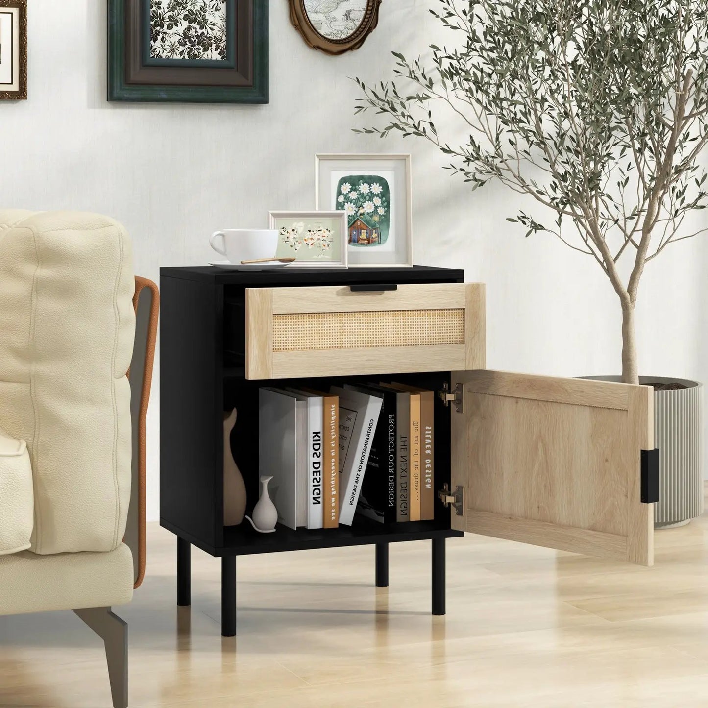 DirectDeals rattan nightstand set of 2 with drawer and cabinet, natural wood woven front on Tampa Home & Garden Store