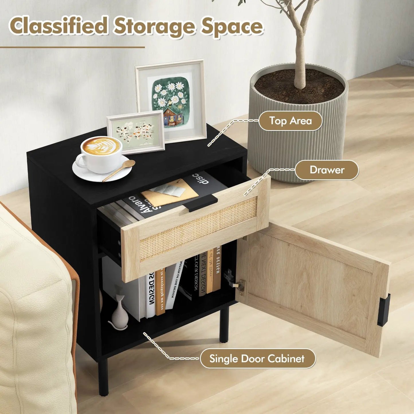 Rattan Nightstands set of 2 with drawer and single-door cabinet in black and natural finishes on Tampa Home & Garden Store