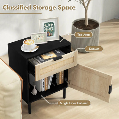 Rattan Nightstands set of 2 with drawer and single-door cabinet in black and natural finishes on Tampa Home & Garden Store