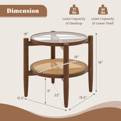 Rattan Round Side Table With Tempered Glass Top