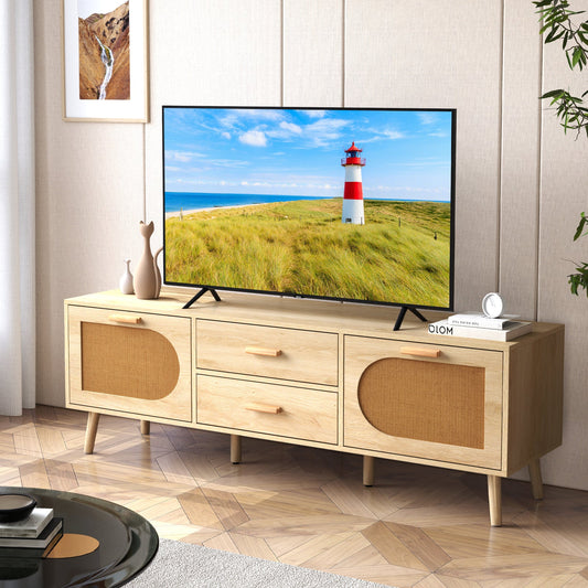 Rattan TV Stand for 65-Inch TV with Drawers and Solid Wood Legs-Natural - Tampa Home & Garden Store