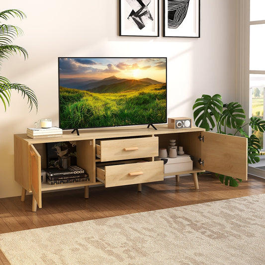 Rattan TV Stand for 65-Inch TV with Drawers and Solid Wood Legs-Natural - Tampa Home & Garden Store