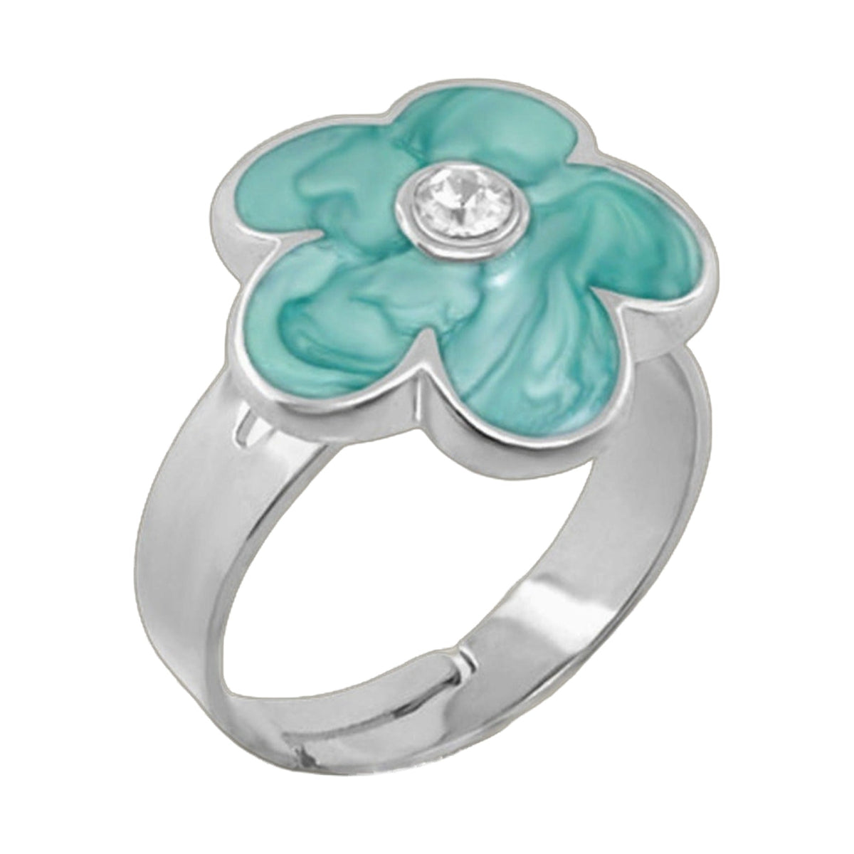 Flower Girl Ring turquoise enamel flower with clear crystal center on silver band on Tampa Home & Garden Store
