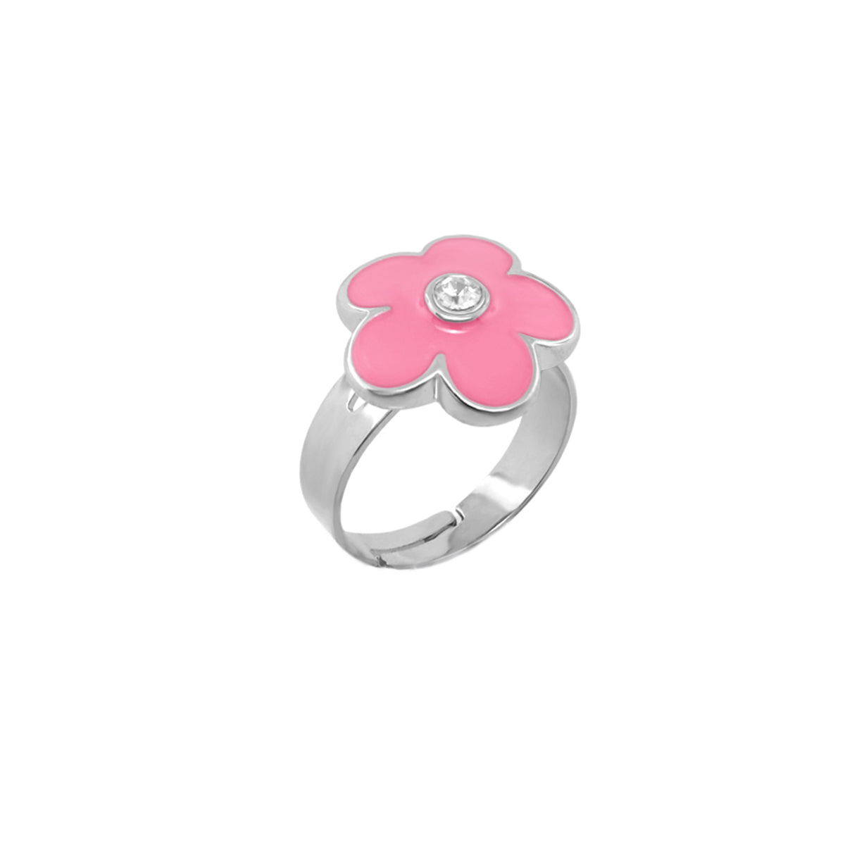 Flower Girl Ring by Lauren G Adams with pink enamel flower and crystal on silver band on Tampa Home & Garden Store