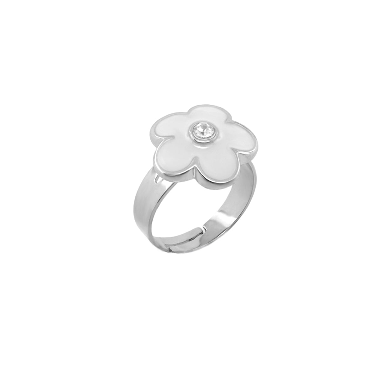 Flower Girl Ring by Lauren G Adams - silver band with white enamel flower and crystal center on Tampa Home & Garden Store