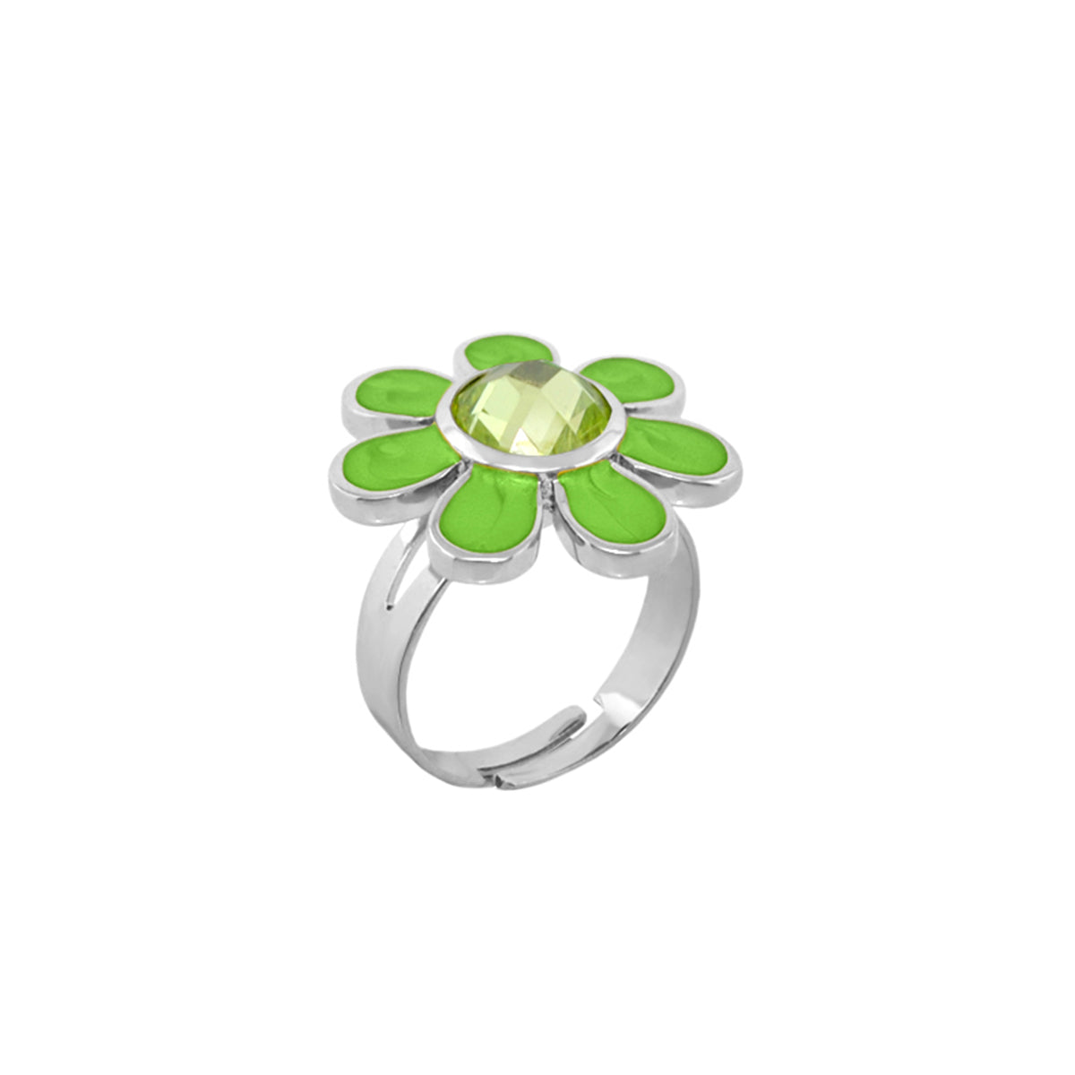 Daisy Flower Ring, silver tone with neon green enamel petals and lime center gem on Tampa Home & Garden Store