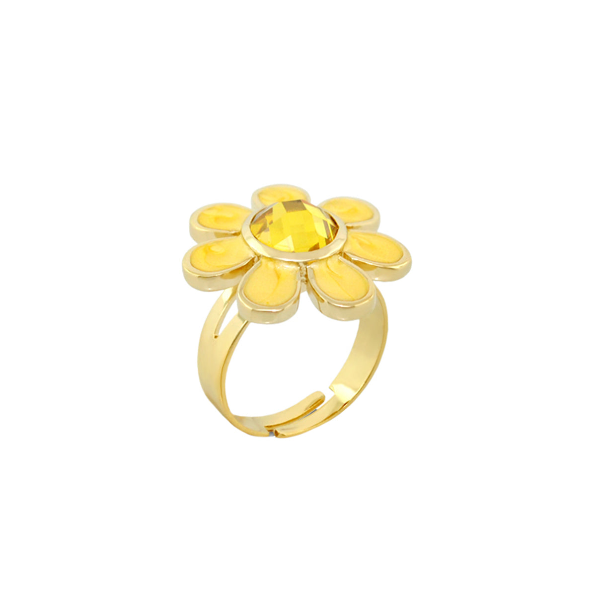 Daisy Flower Ring by Lauren G Adams, gold-tone ring with yellow enamel petals and center stone on Tampa Home & Garden Store