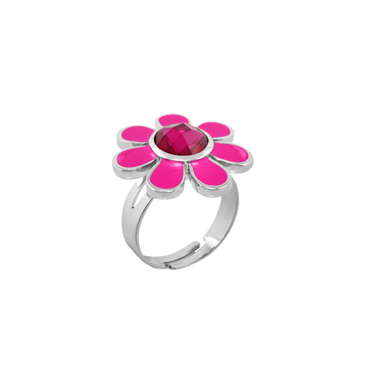 Daisy Flower Ring by Lauren G Adams, silver band with pink petals and faceted center stone on Tampa Home & Garden Store