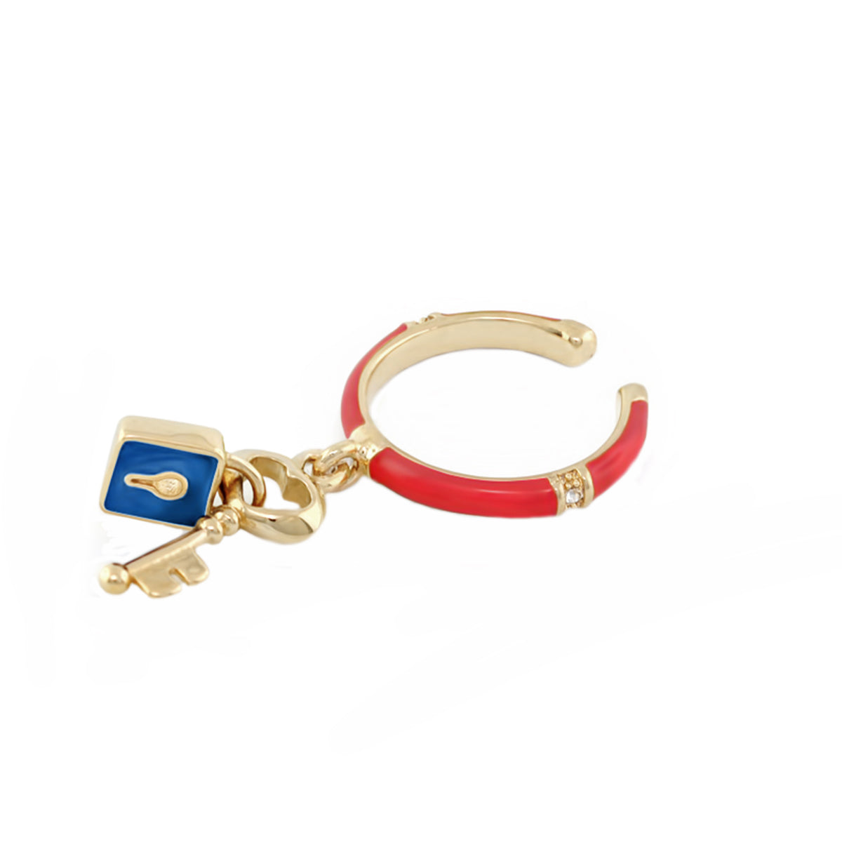 Stackable Charm Ring with red enamel band and blue square charm plus gold key charms on Tampa Home & Garden Store
