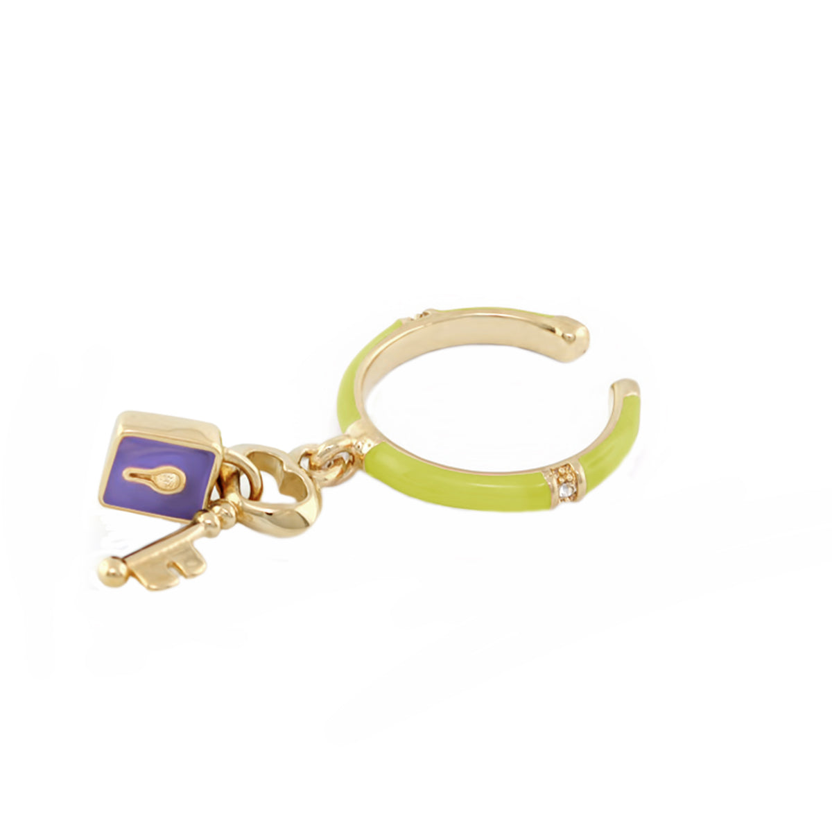Stackable Charm Ring in lime enamel with gold-tone band and purple square charm with key on Tampa Home & Garden Store