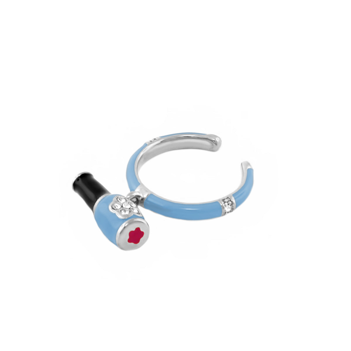 Girl's ring with blue enamel band and nail polish bottle charm with crystal accents on Tampa Home & Garden Store