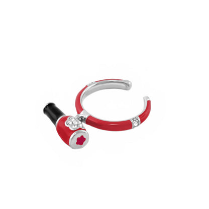 Girl's ring with red enamel nail polish bottle charm, silver-tone band and rhinestones on Tampa Home & Garden Store