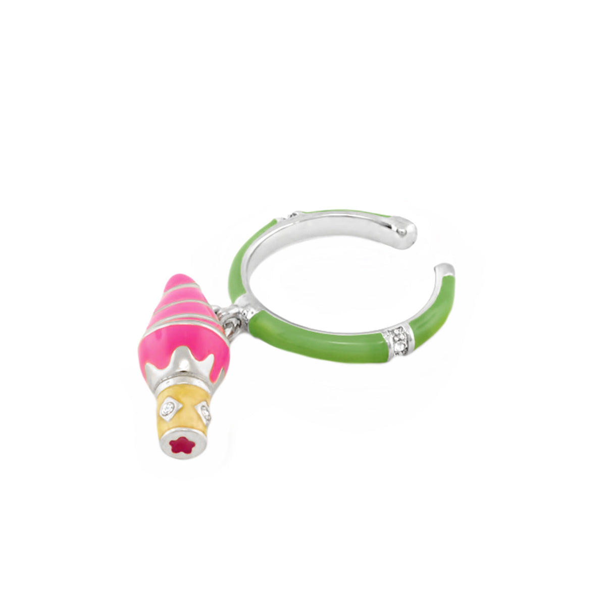 Girl's Ice Cream Ring by Lauren G Adams, pink ice cream cone charm on a green enamel band on Tampa Home & Garden Store