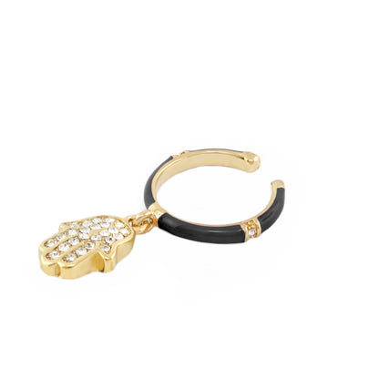 Girl's Hamsa Charm Ring Lauren G Adams, gold-tone with black enamel band and crystal hand on Tampa Home & Garden Store