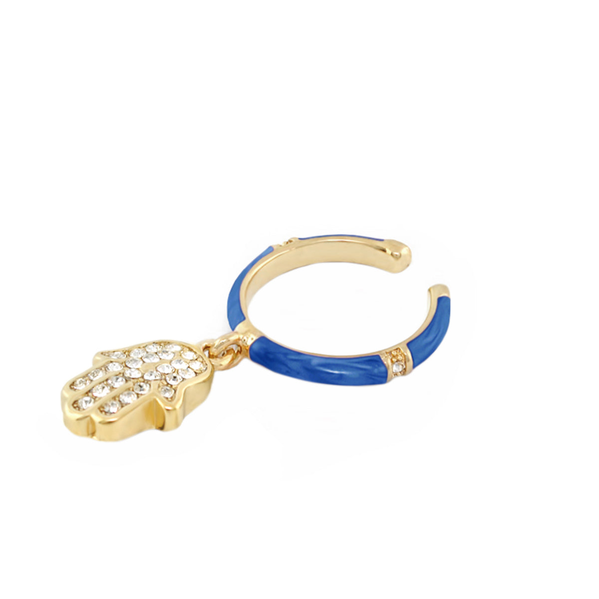 Girl's Hamsa Charm Ring gold-tone with blue enamel band and crystal-studded hamsa charm on Tampa Home & Garden Store