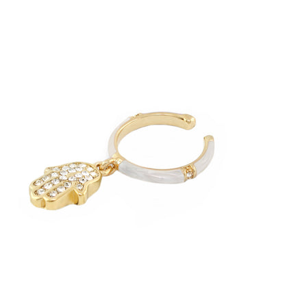Girl's Hamsa Charm Ring by Lauren G Adams, gold-tone band with white enamel inlays and crystal-studded Hamsa pendant on Tampa Home & Garden Store
