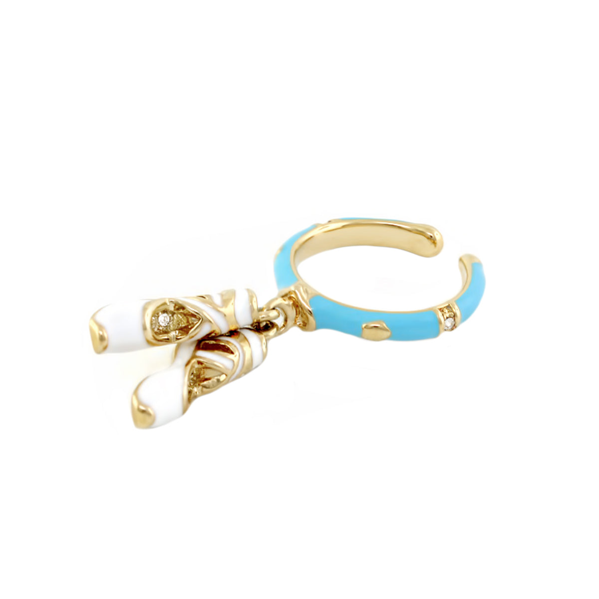 Beautiful Ballet Ring, turquoise enamel gold-tone band with white bow charm and crystal accents on Tampa Home & Garden Store
