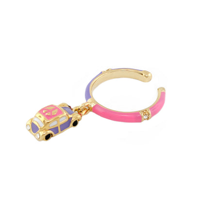 Kids Groovy Car Charm Ring with pink and purple enamel car pendant on gold-tone band on Tampa Home & Garden Store