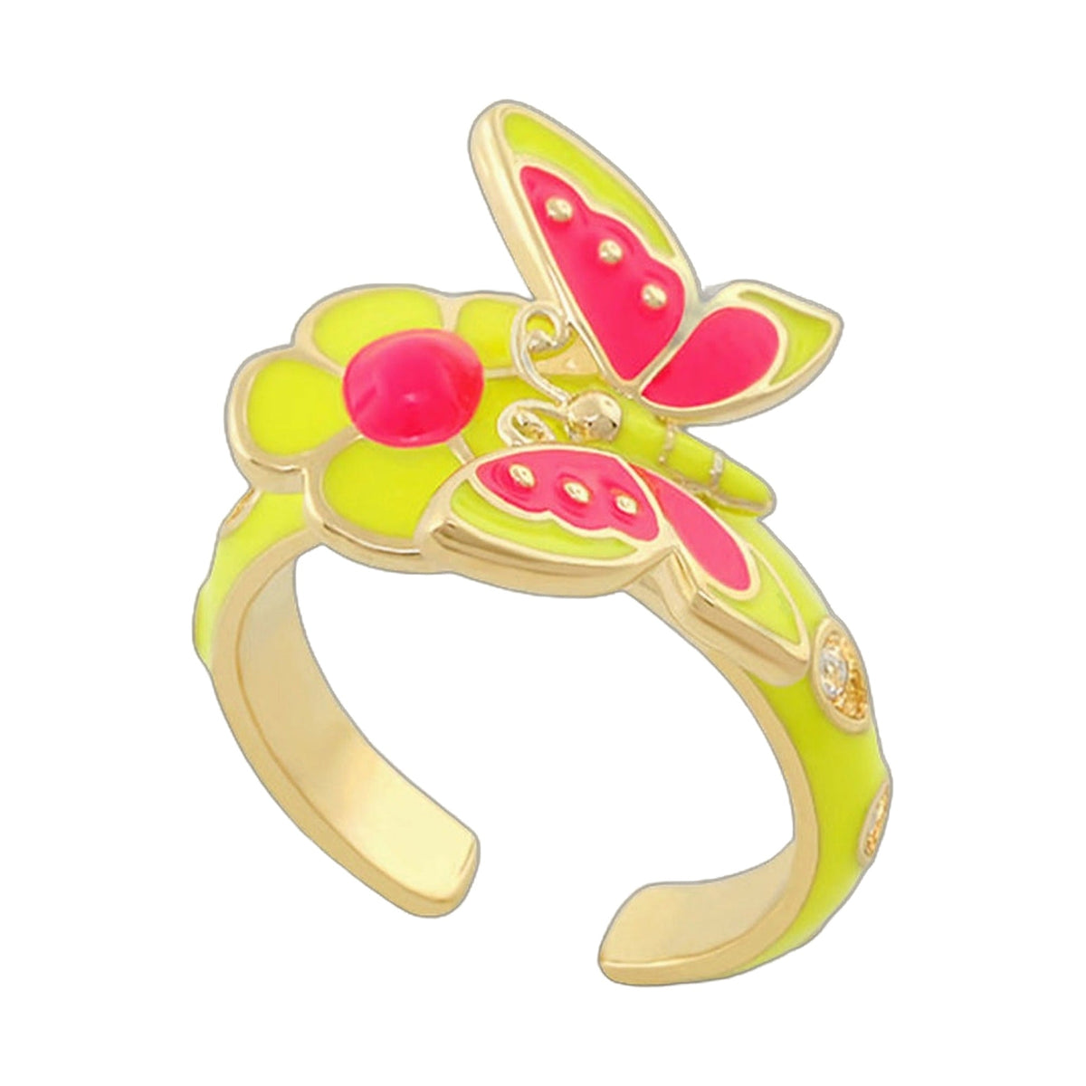Dream Garden Butterfly Ring for girls with lime and pink enamel butterfly on gold-tone band on Tampa Home & Garden Store