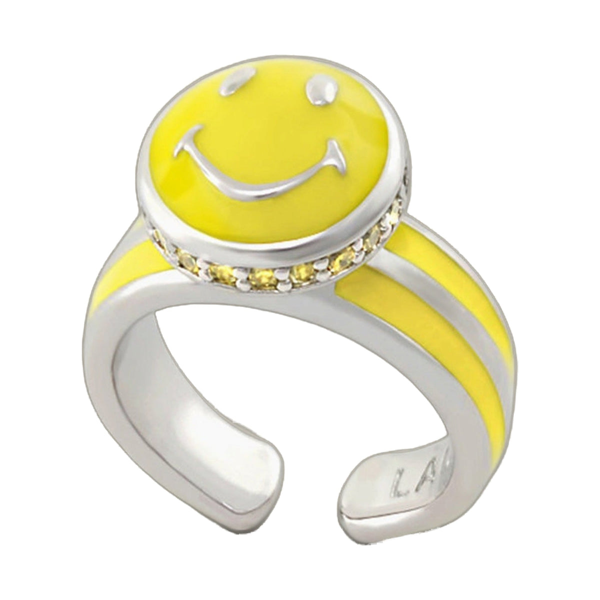 Be Happy Child's Ring, girl's yellow smiley enamel ring with silver band on Tampa Home & Garden Store